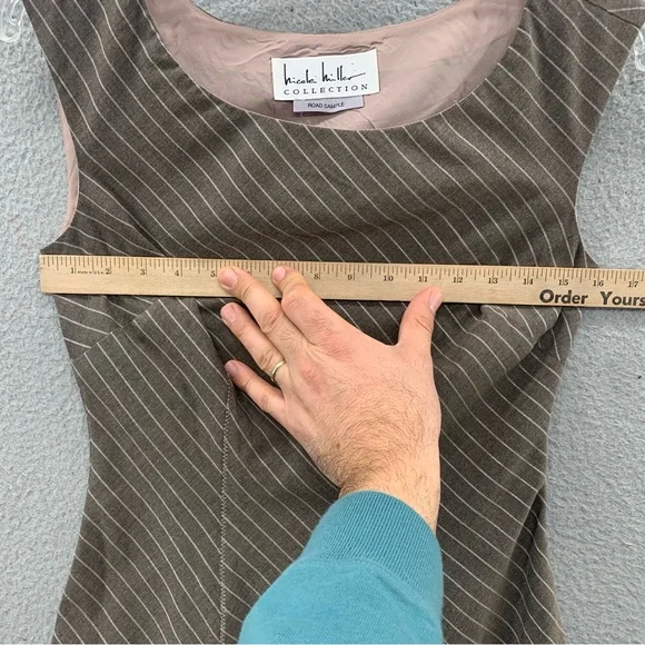 Nicole Miller Contrast Lace Tailored Pencil Sheath Stretch Pinstriped Dress - Picture 3 of 11